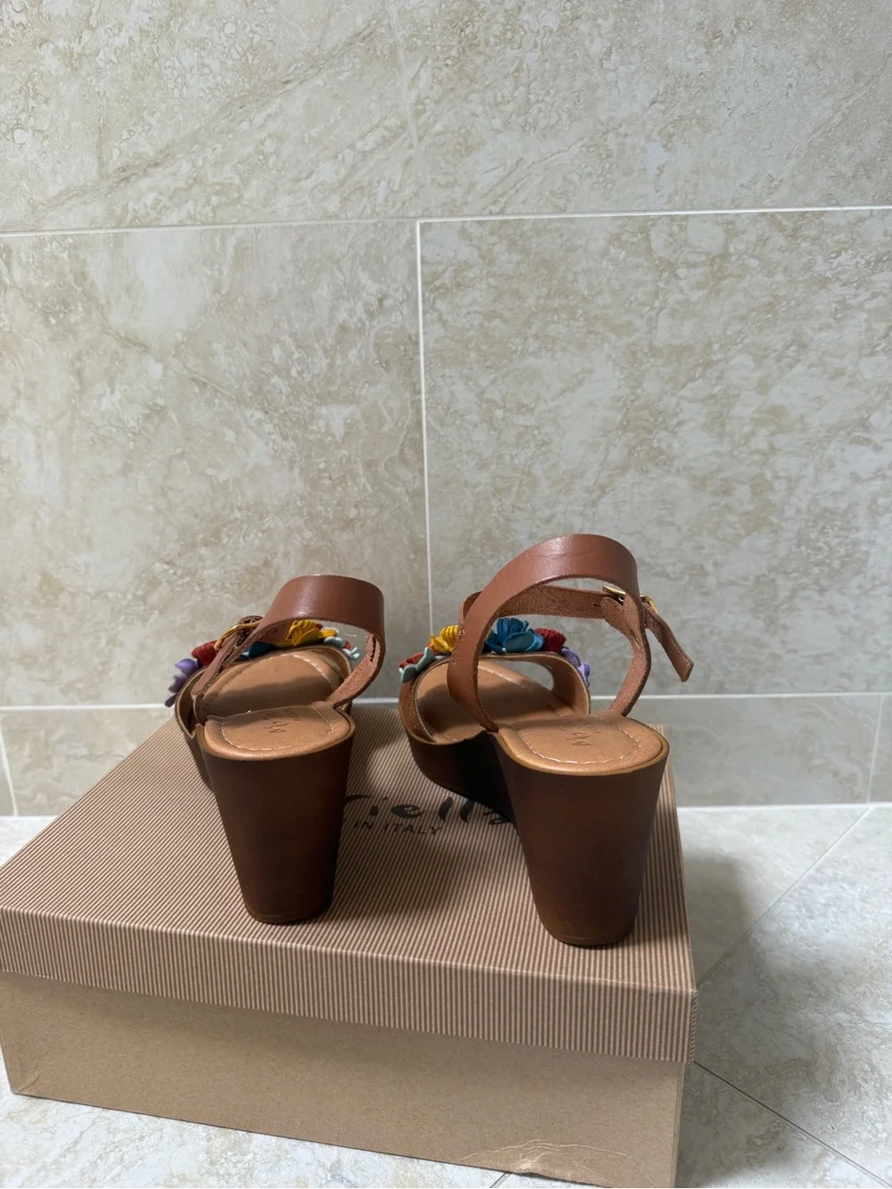 Mariella brown leather wedges with colorful floral embellishments #floral #embe